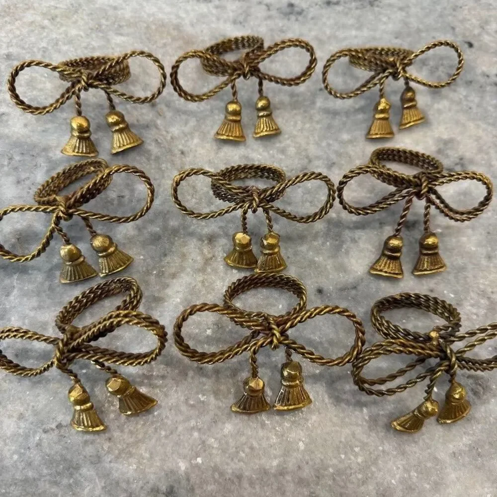 Set of 9 Vintage Brass Twisted Coiled Rope Bow and Tassel Napkin Rings
